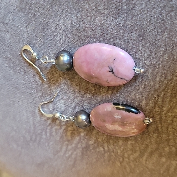 3/$30 HANDMADE Pearl Rhodochrosite Oval Dangle Hook Earrings - Picture 3 of 5
